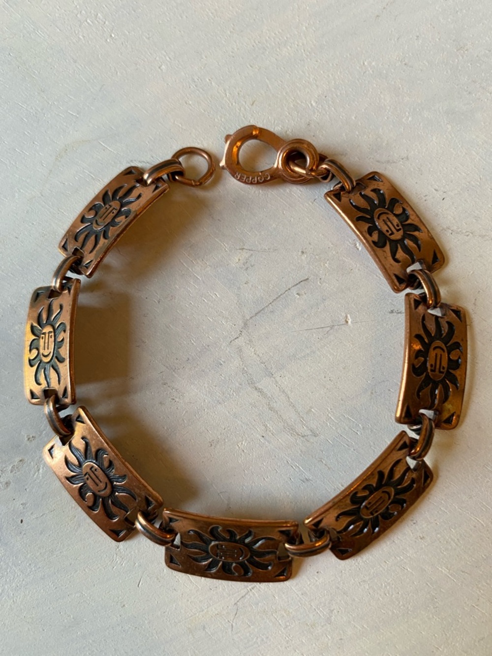 Vintage Southwest Copper link Bracelet Smiling Sun Face embossed